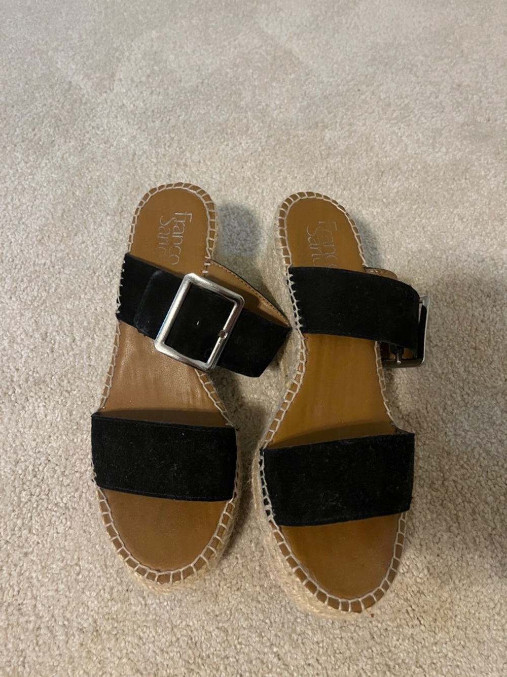 Franco Sarto Black Suede Double-Strip Slide Sandals with Buckle
